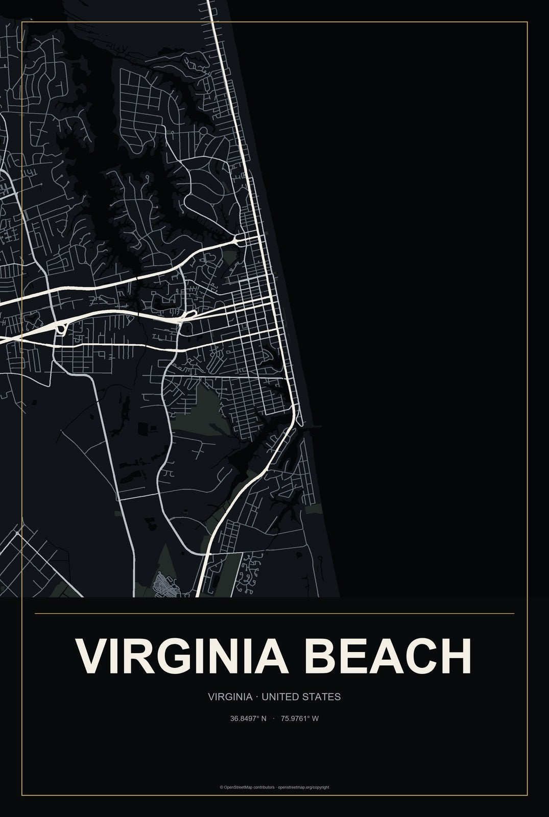 Virginia Beach, Virginia City Map Aluminum Sign in Metropolitan Noir style