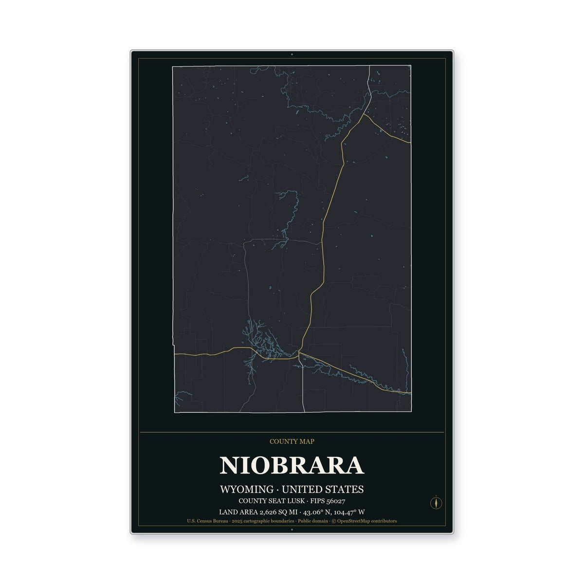 Niobrara County, Wyoming Map Aluminum Sign in Metropolitan Noir style