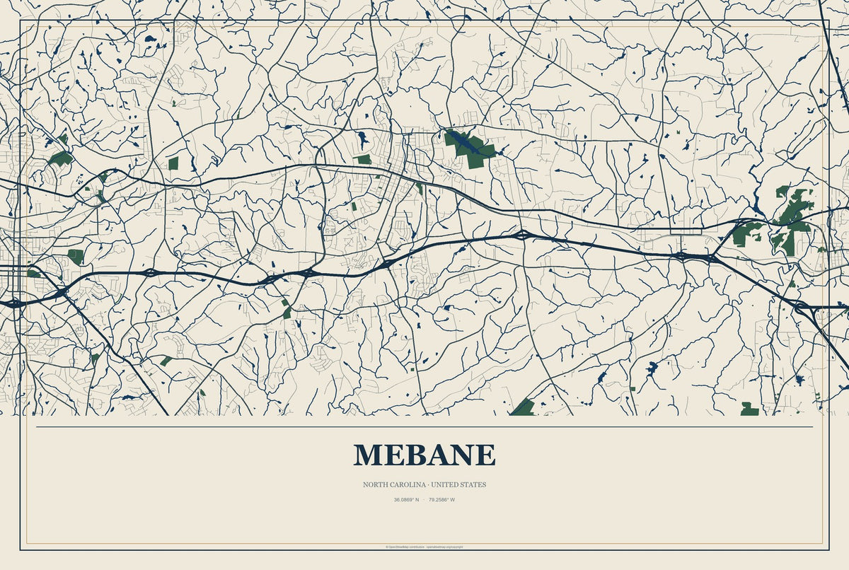 Mebane, North Carolina City Map Aluminum Sign in Coastal Cutout style