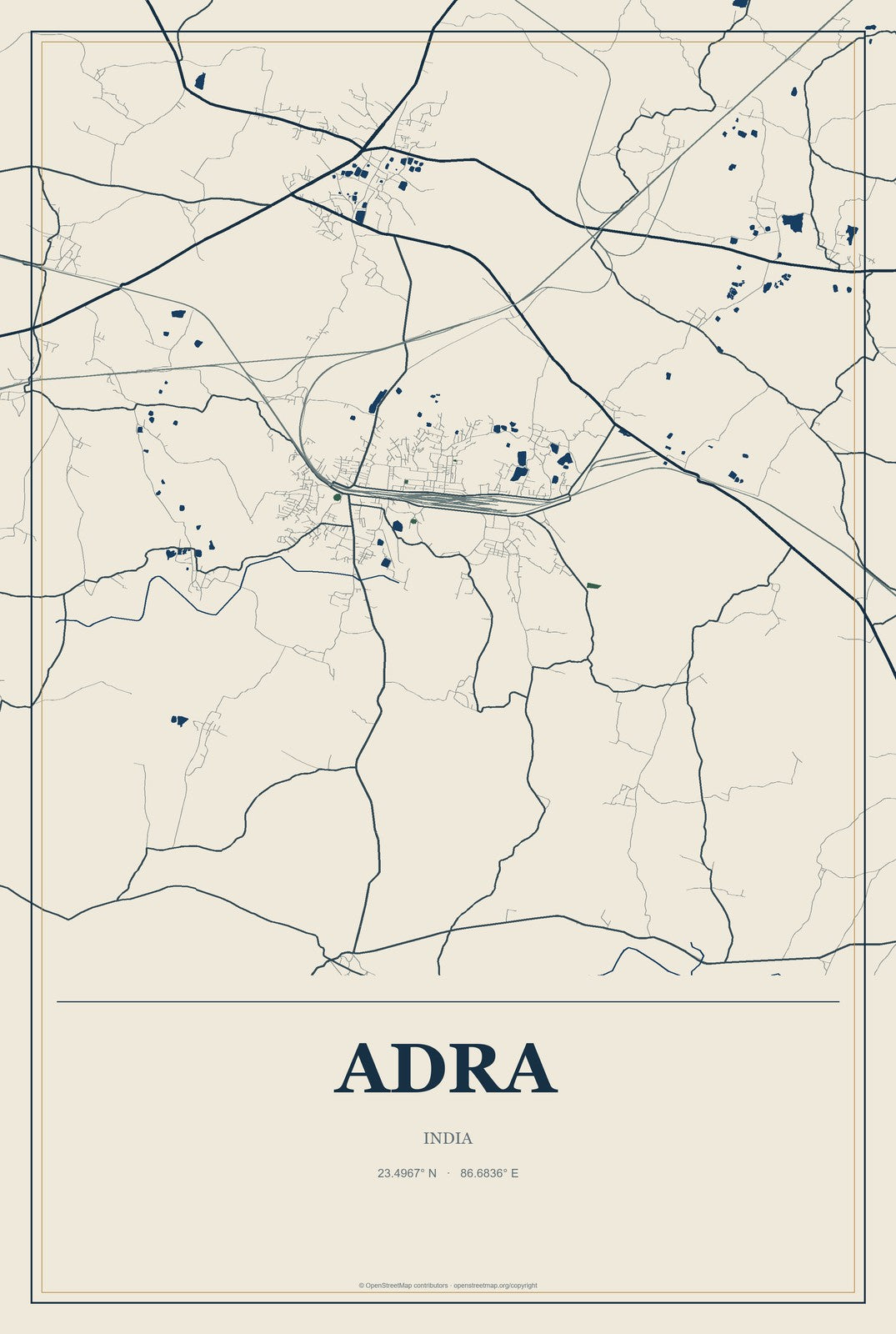 Adra, India City Map Aluminum Sign in Coastal Cutout style