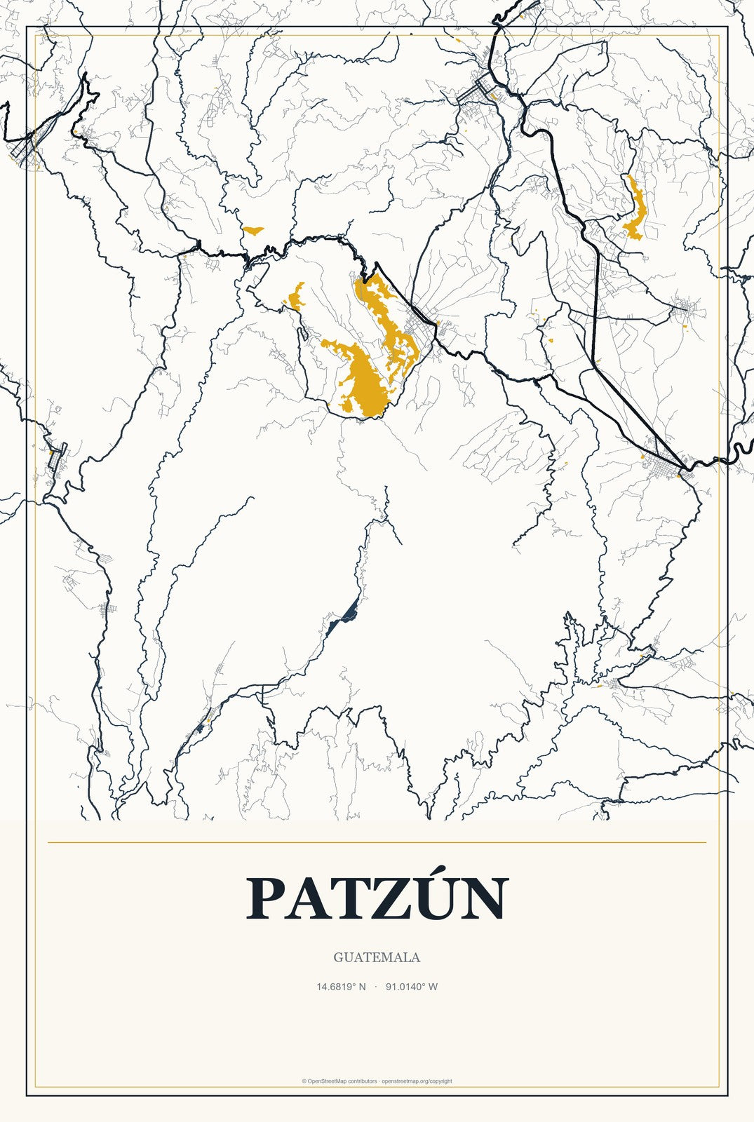 Patzún, Guatemala City Map Aluminum Sign in Citrine Modern style
