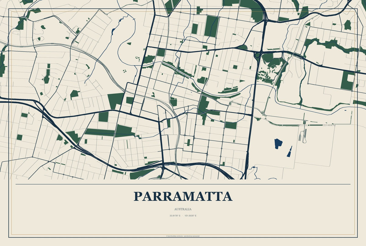 Parramatta, Australia City Map Aluminum Sign in Coastal Cutout style