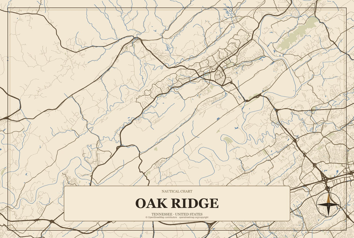 Oak Ridge, Tennessee City Map Aluminum Sign in Heritage Nautical style