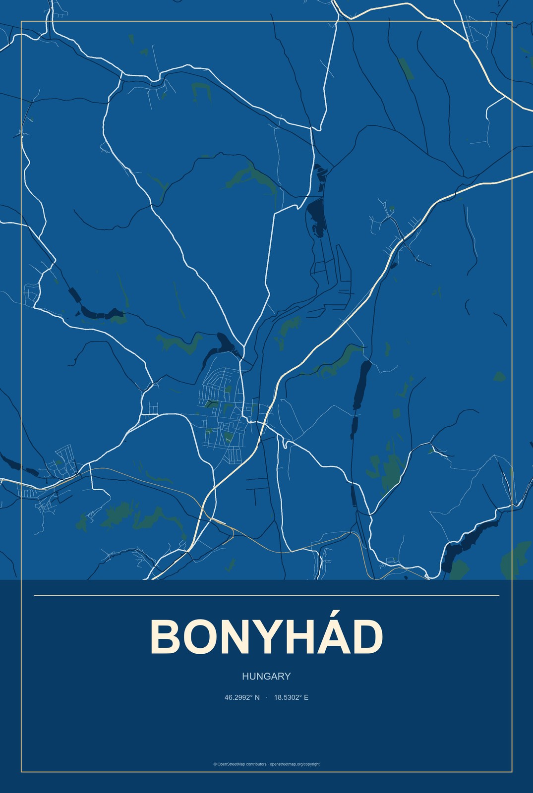 Bonyhád, Hungary City Map Aluminum Sign in Harbor Cobalt style