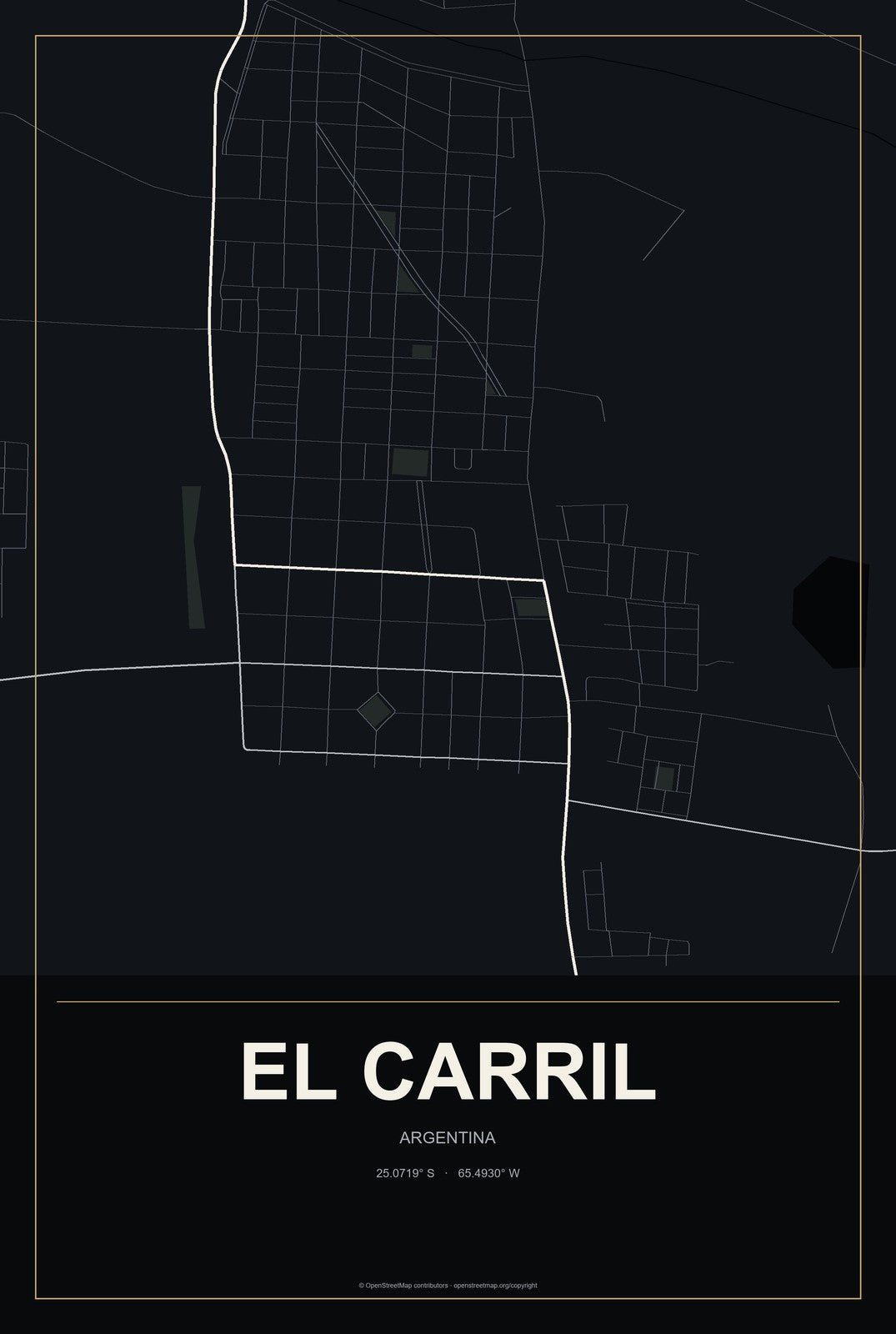 El Carril, Argentina City Map Aluminum Sign in Metropolitan Noir style