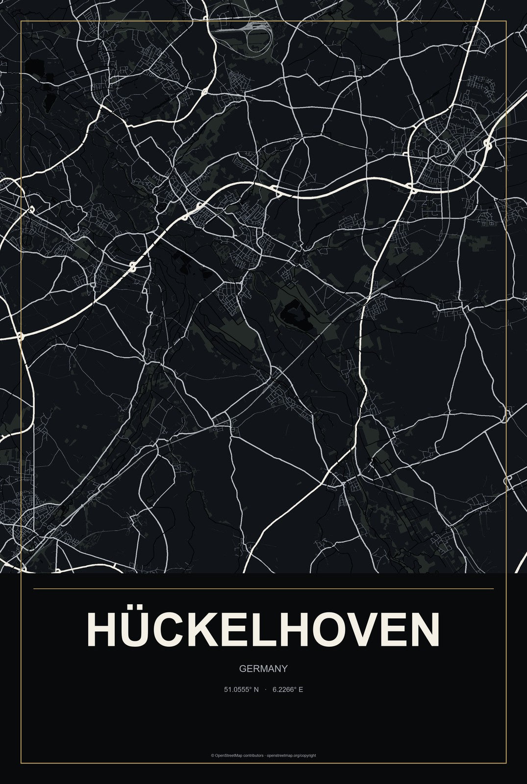 Hückelhoven, Germany City Map Aluminum Sign in Metropolitan Noir style