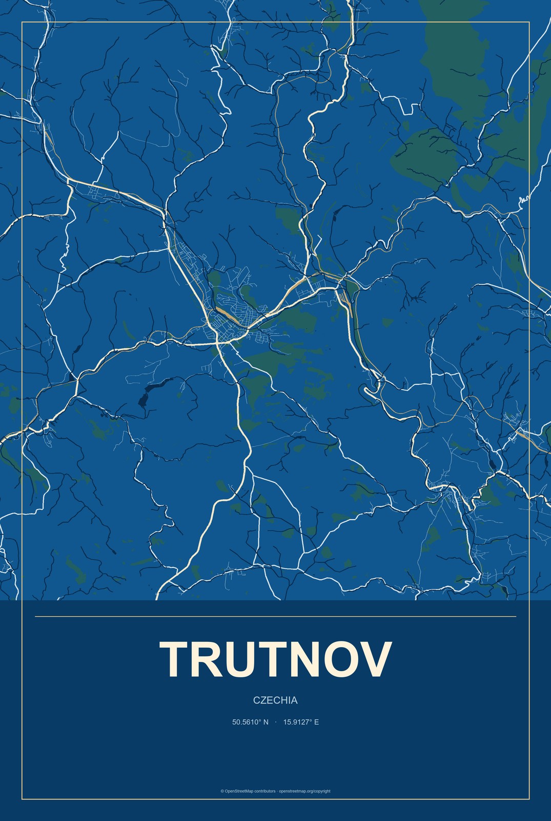 Trutnov, Czechia City Map Aluminum Sign in Harbor Cobalt style