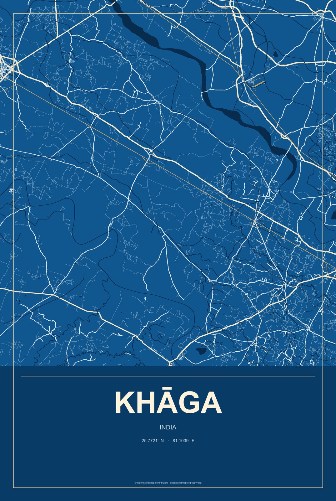 Khāga, India City Map Aluminum Sign in Harbor Cobalt style