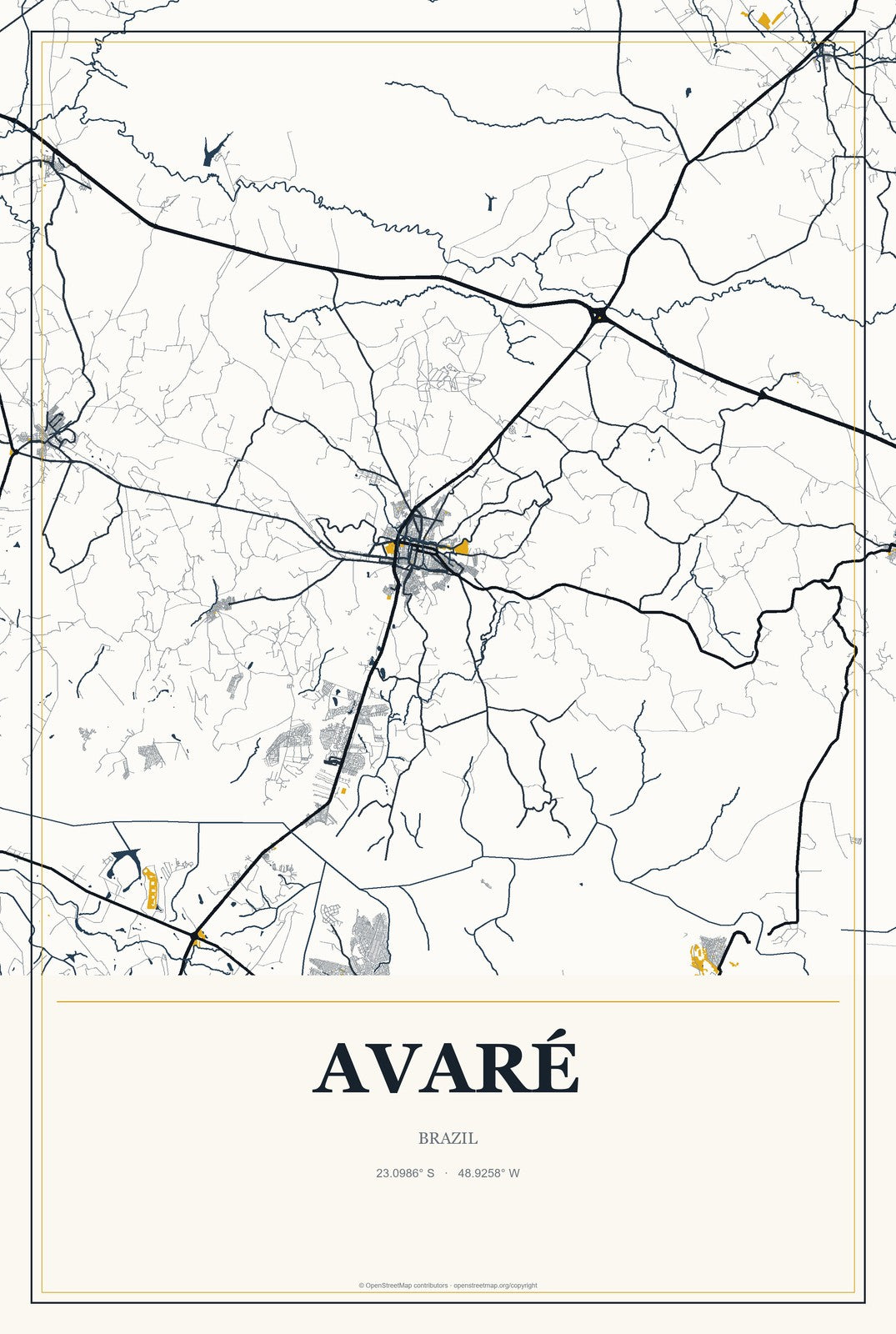 Avaré, Brazil City Map Aluminum Sign in Citrine Modern style