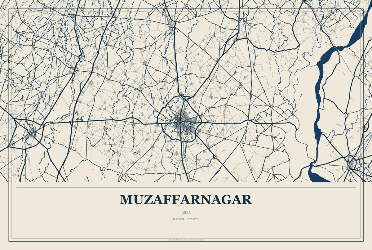 Muzaffarnagar, India City Map Aluminum Sign in Coastal Cutout style