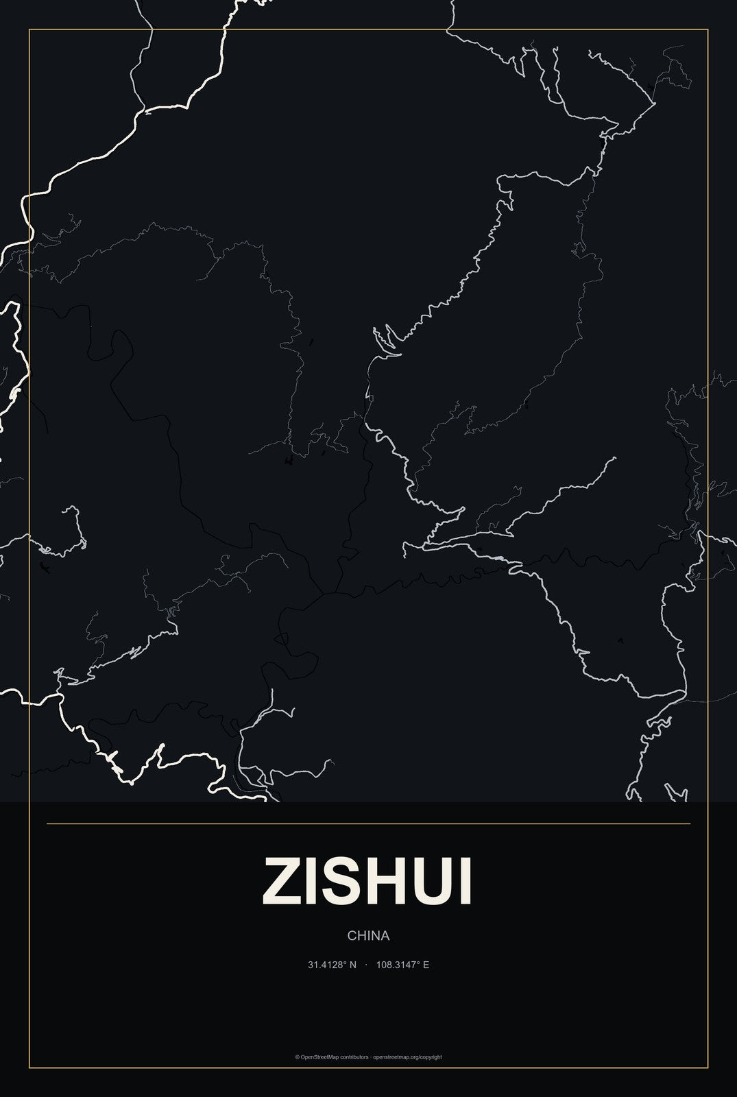 Zishui, China City Map Aluminum Sign in Metropolitan Noir style