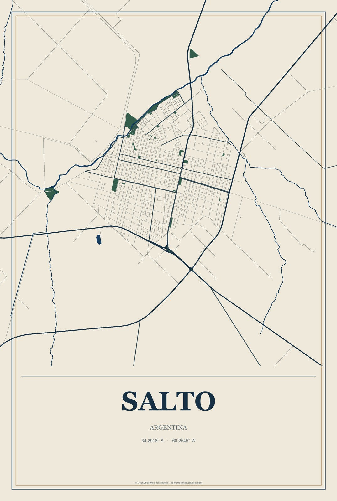 Salto, Argentina City Map Aluminum Sign in Coastal Cutout style