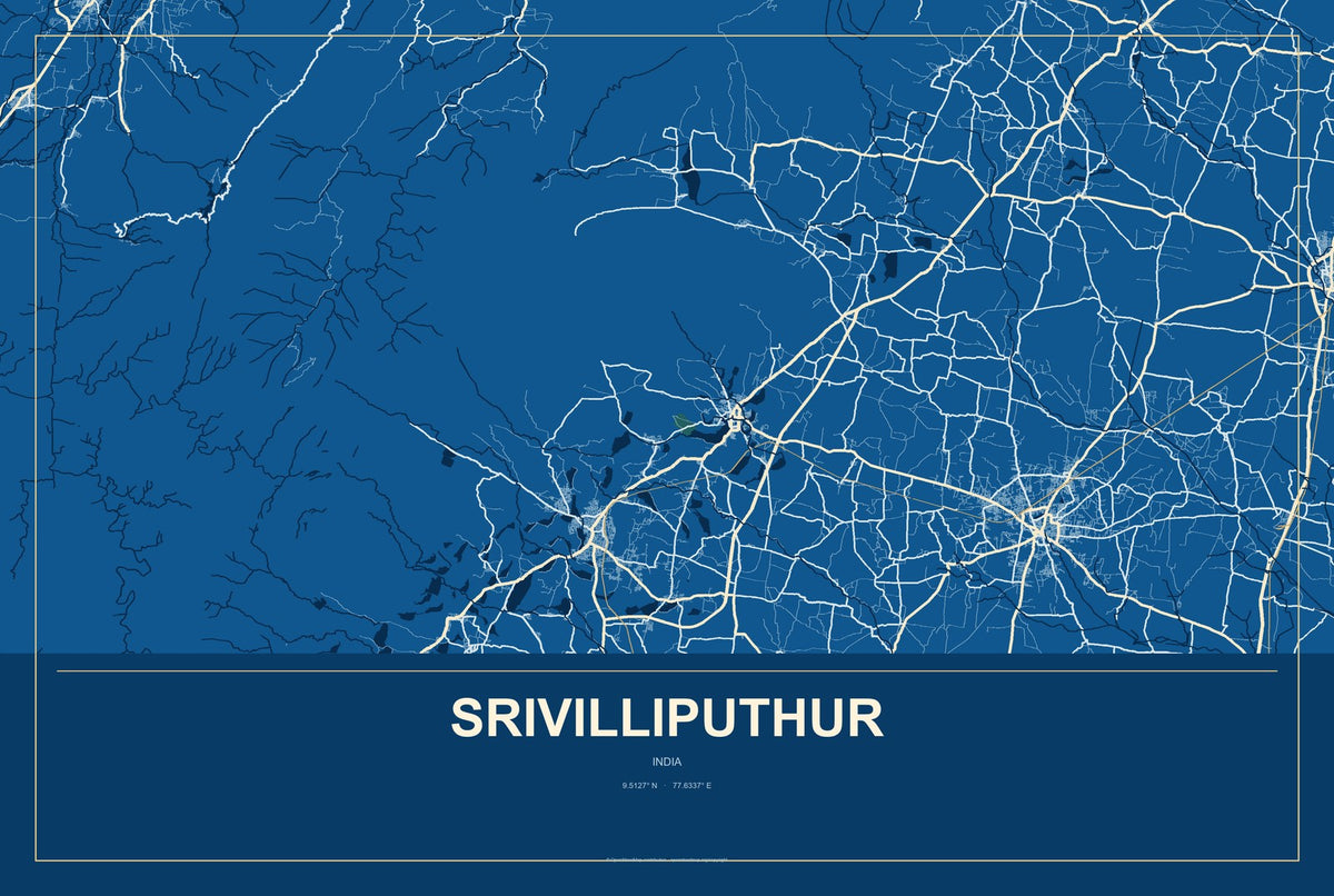 Srivilliputhur, India City Map Aluminum Sign in Harbor Cobalt style