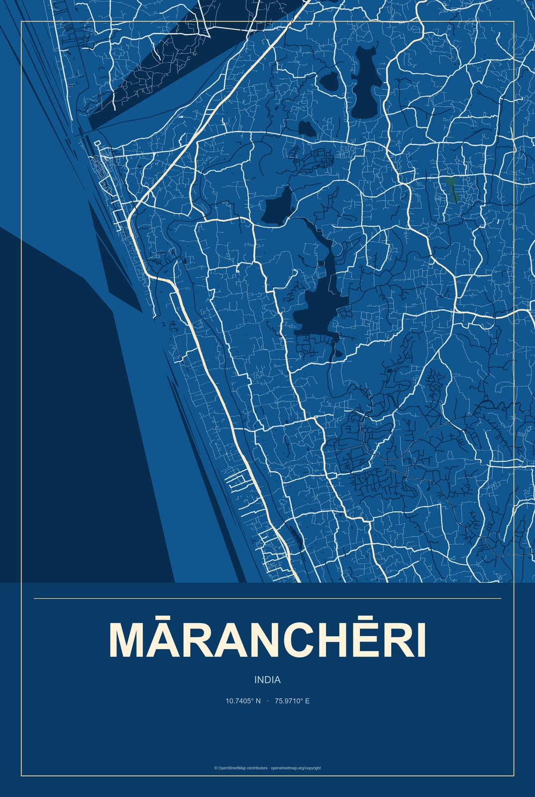 Māranchēri, India City Map Aluminum Sign in Harbor Cobalt style