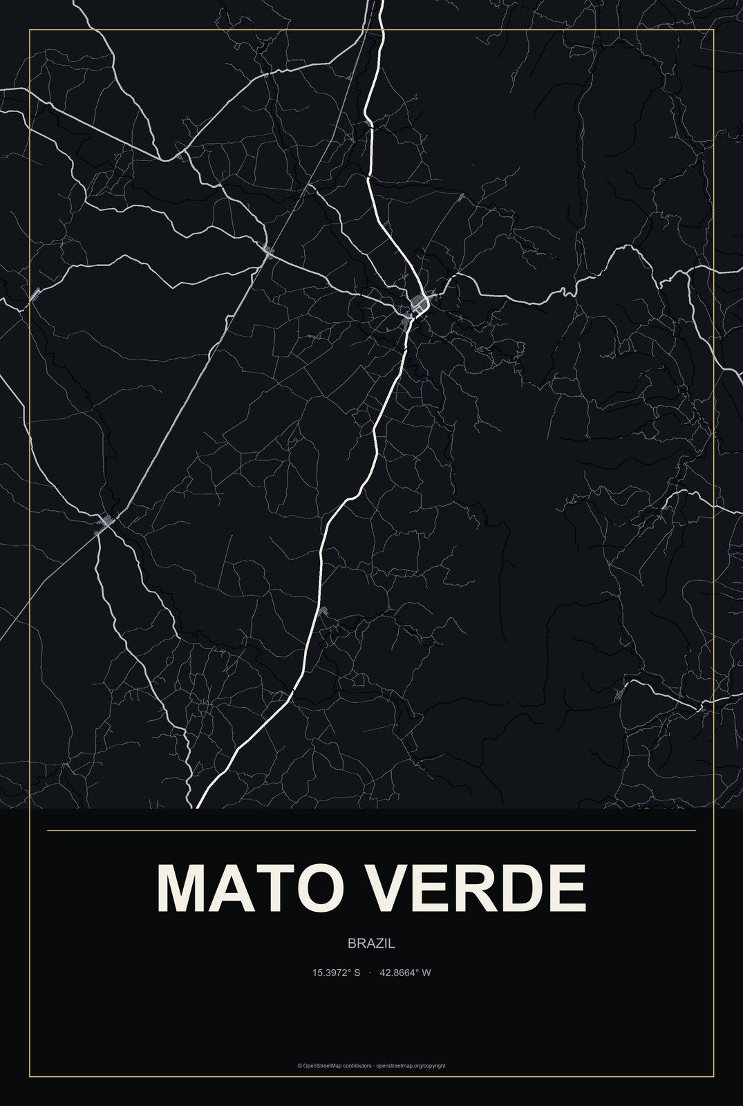 Mato Verde, Brazil City Map Aluminum Sign in Metropolitan Noir style