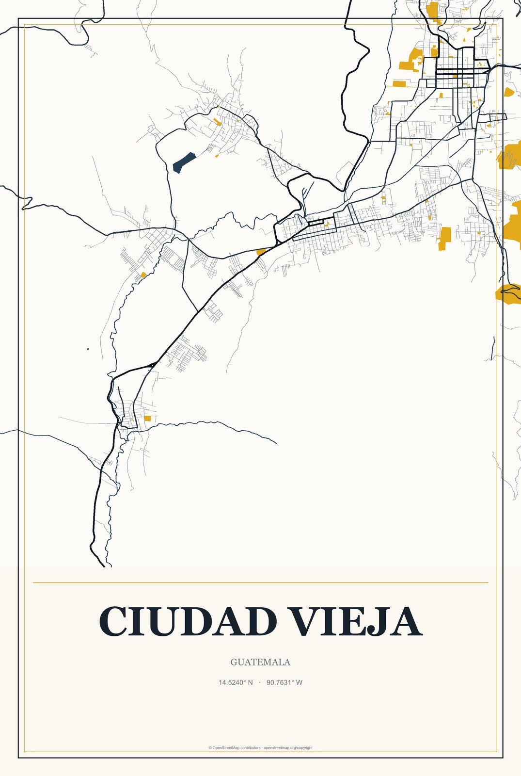 Ciudad Vieja, Guatemala City Map Aluminum Sign in Citrine Modern style
