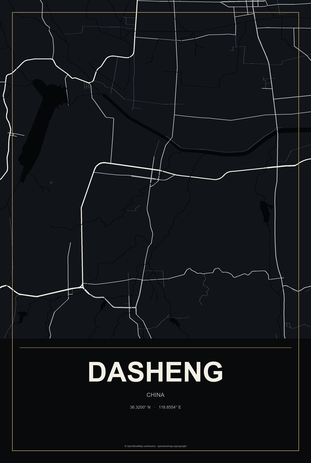 Dasheng, Shandong, China City Map Aluminum Sign in Metropolitan Noir style