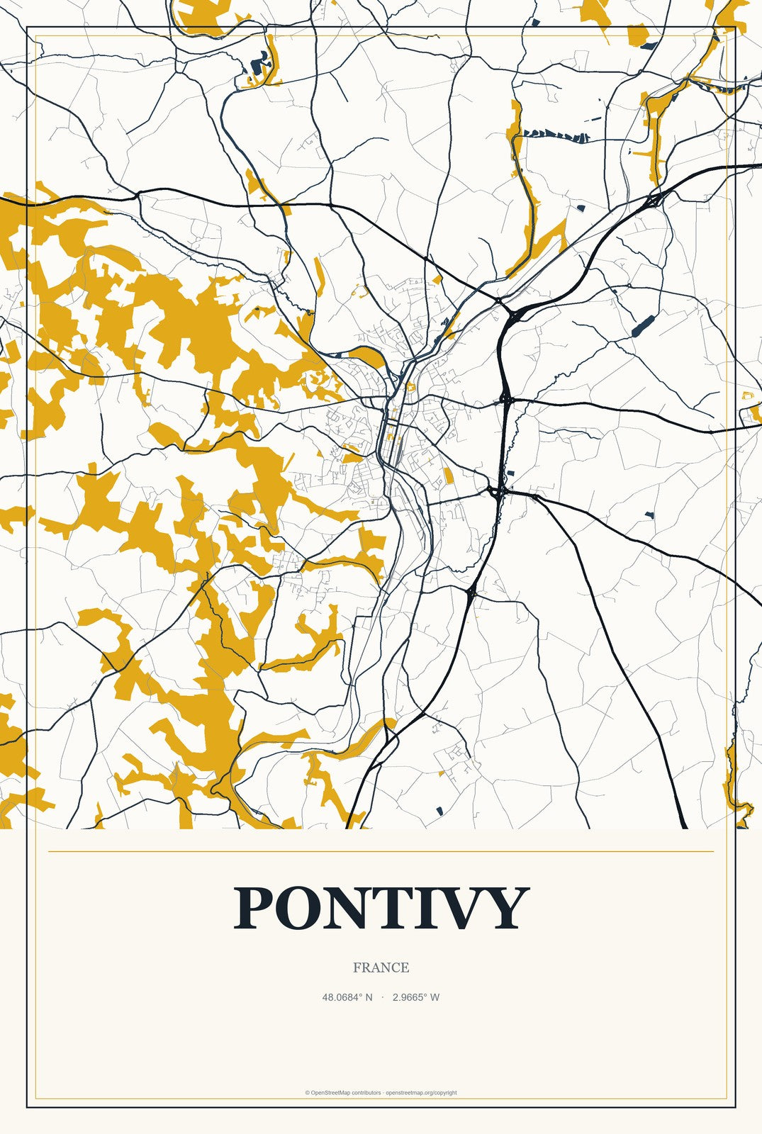 Pontivy, France City Map Aluminum Sign in Citrine Modern style