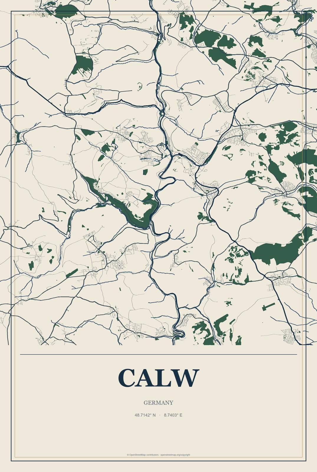 Calw, Germany City Map Aluminum Sign in Coastal Cutout style