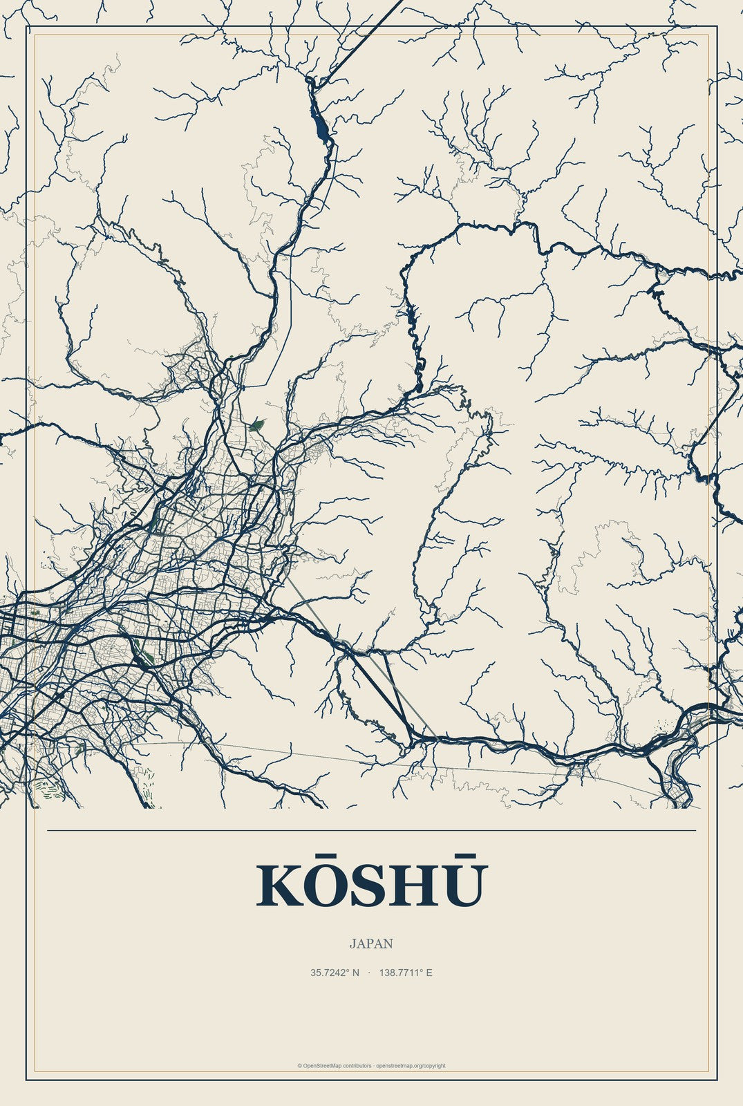 Kōshū, Japan City Map Aluminum Sign in Coastal Cutout style