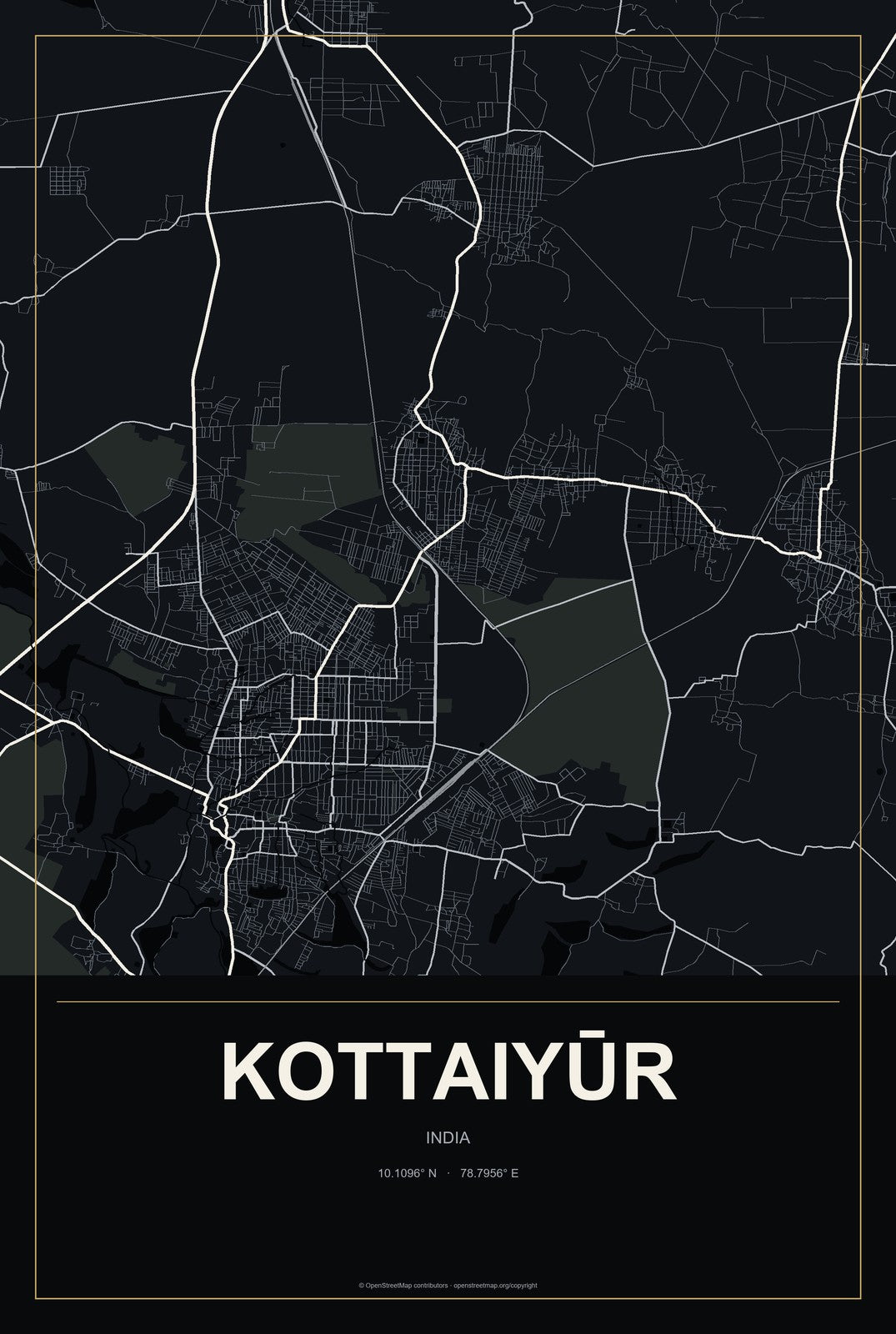 Kottaiyūr, India City Map Aluminum Sign in Metropolitan Noir style