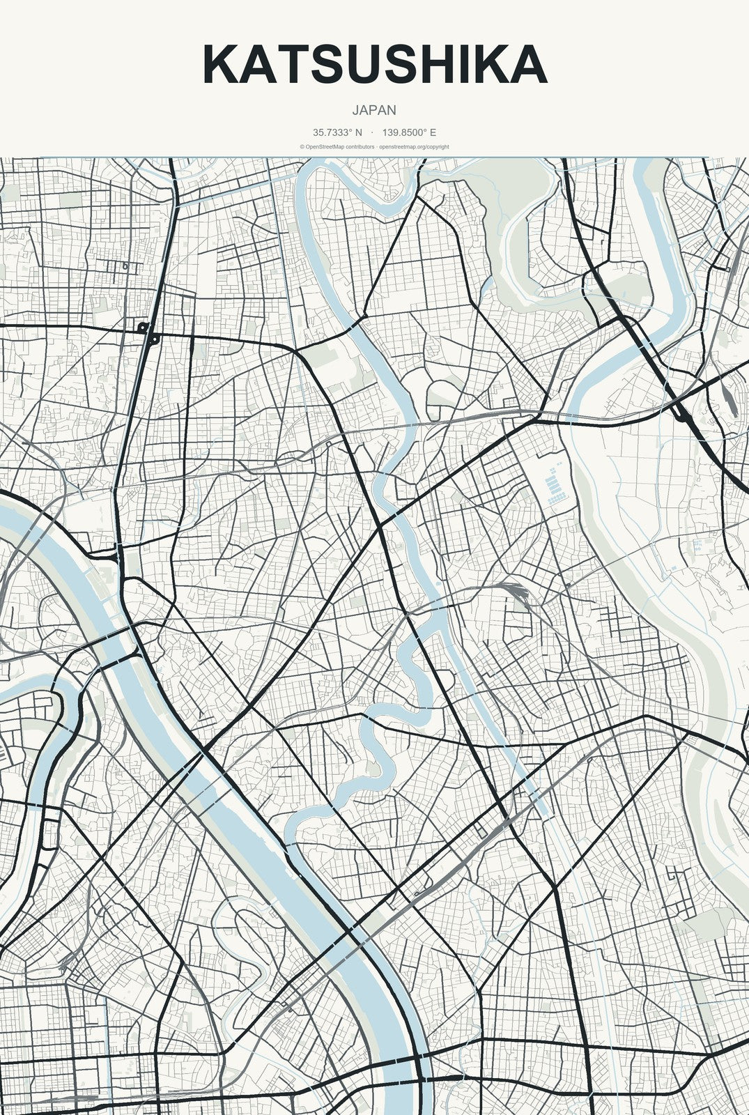 Katsushika, Japan City Map Aluminum Sign in Headline Atlas style