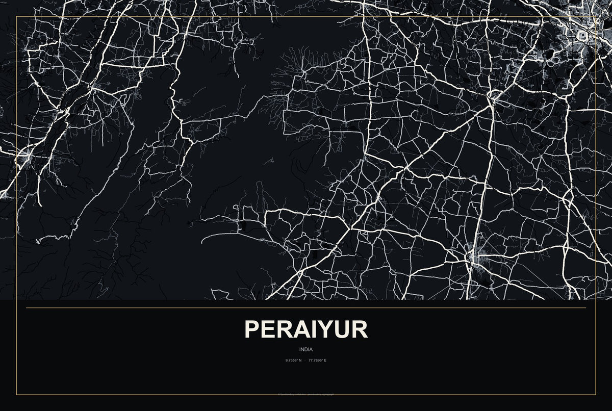 Peraiyur, India City Map Aluminum Sign in Metropolitan Noir style
