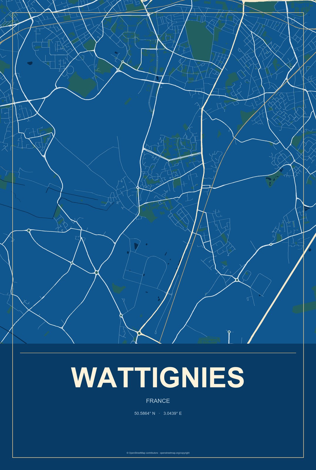Wattignies, France City Map Aluminum Sign in Harbor Cobalt style