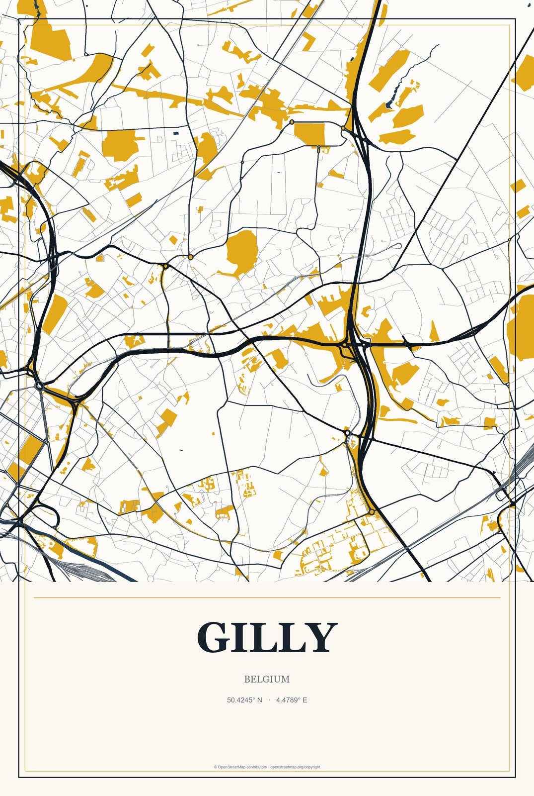 Gilly, Belgium City Map Aluminum Sign in Citrine Modern style