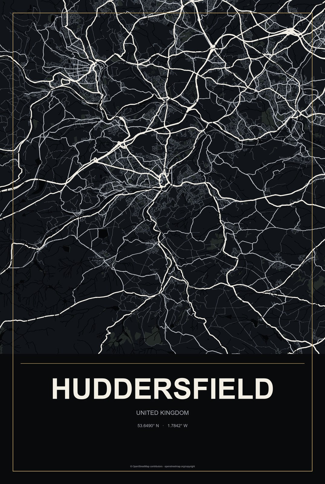 Huddersfield, United Kingdom City Map Aluminum Sign in Metropolitan Noir style