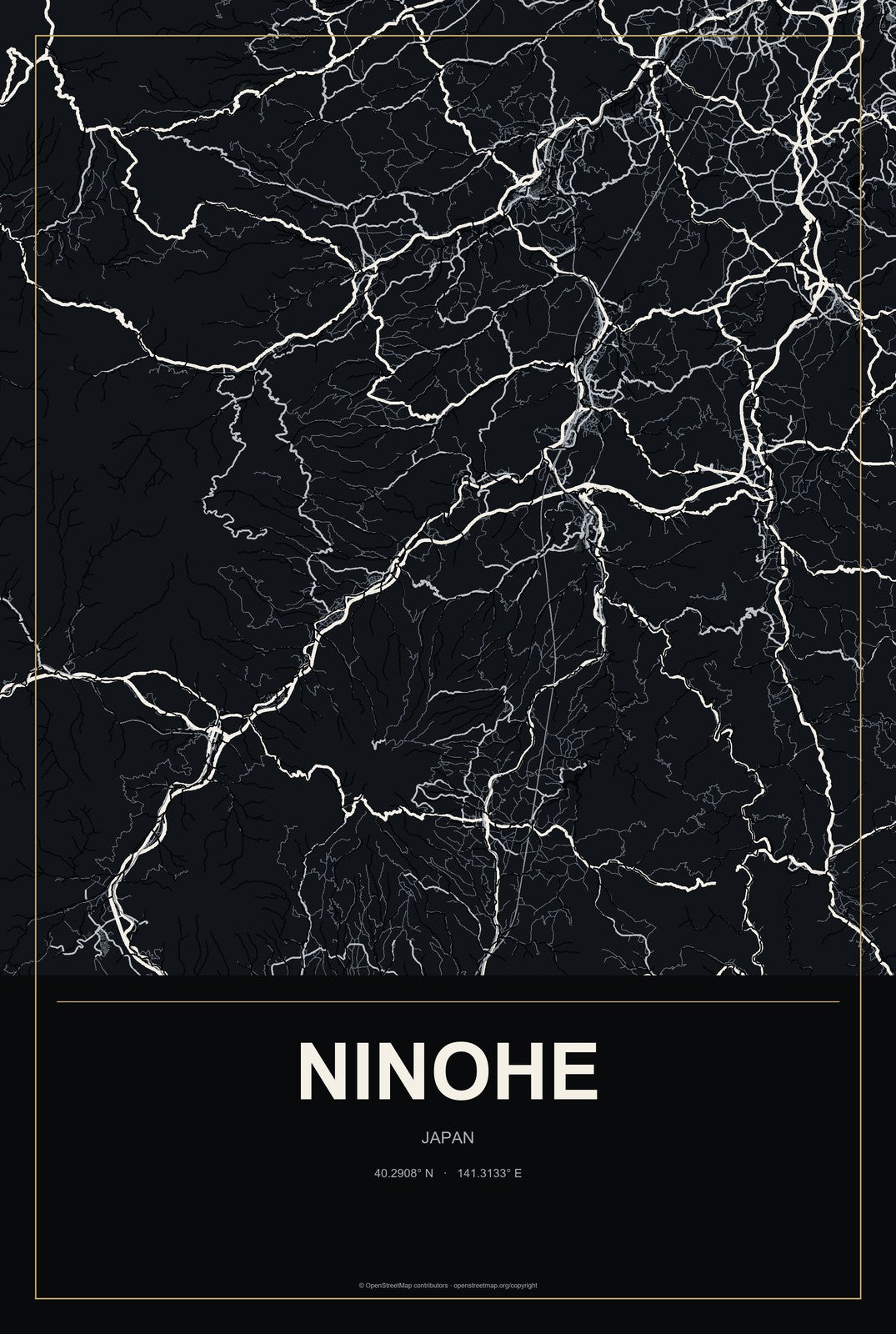 Ninohe, Japan City Map Aluminum Sign in Metropolitan Noir style