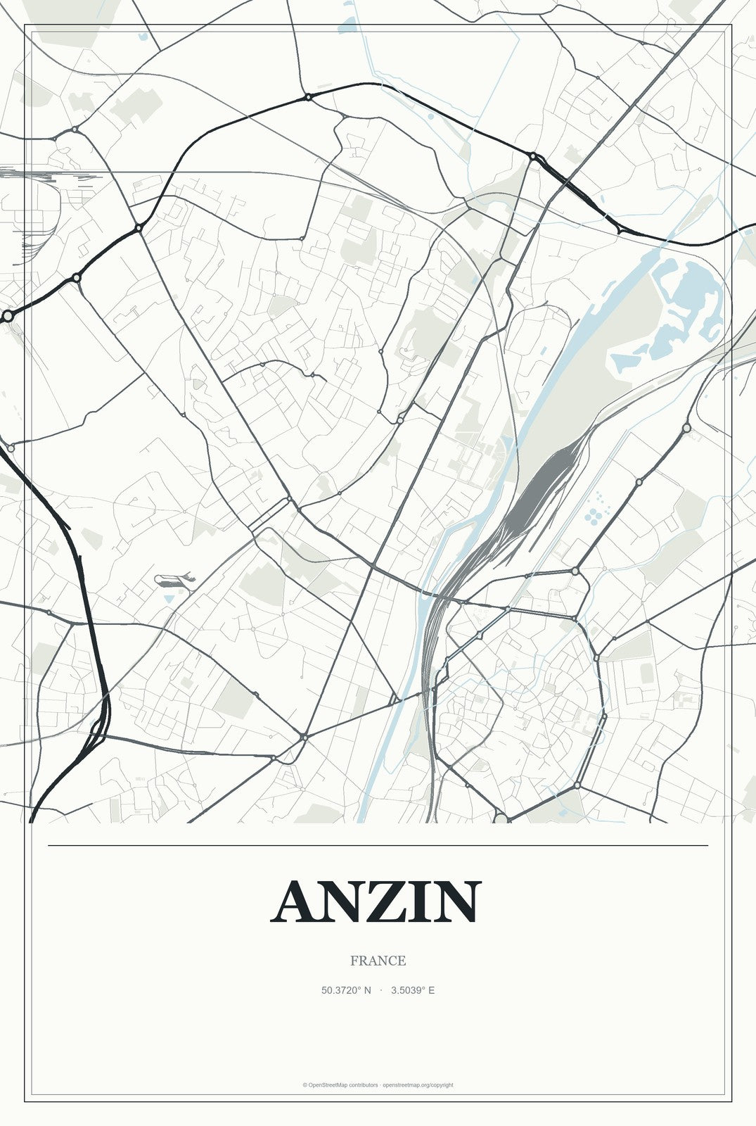 Anzin, France City Map Aluminum Sign in Gallery Air style