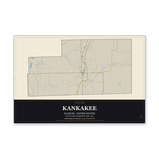 Kankakee County, Illinois Map Aluminum Sign in Museum Plaque style