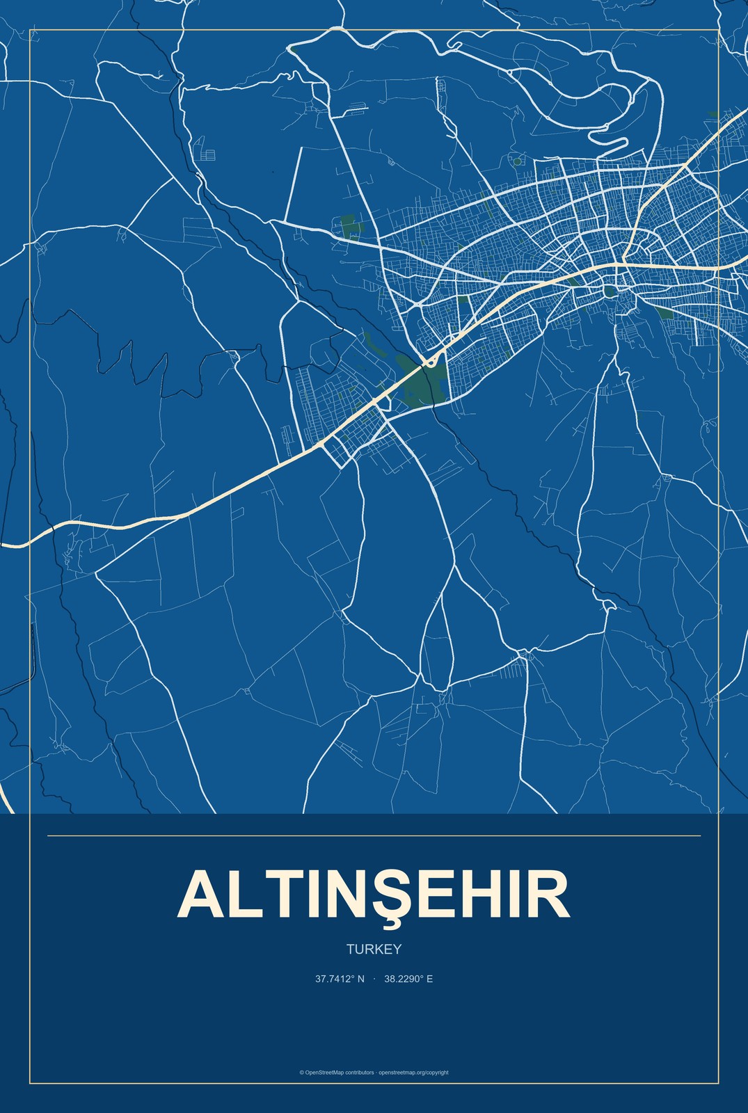 Altınşehir, Turkey City Map Aluminum Sign in Harbor Cobalt style