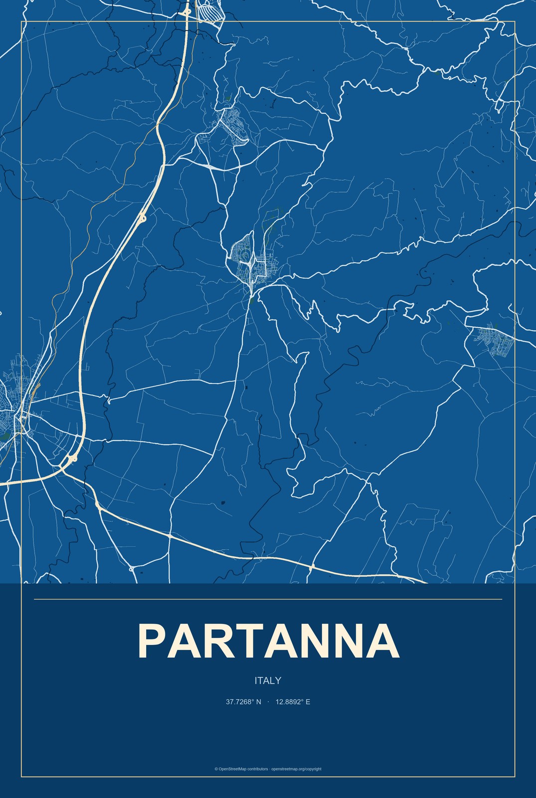 Partanna, Italy City Map Aluminum Sign in Harbor Cobalt style