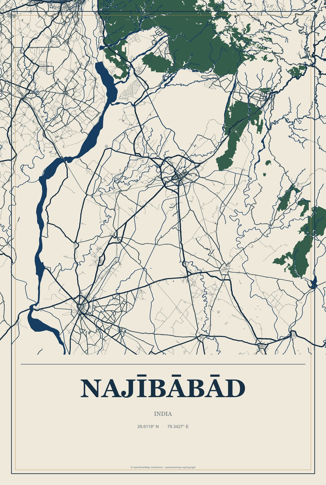 Najībābād, India City Map Aluminum Sign in Coastal Cutout style