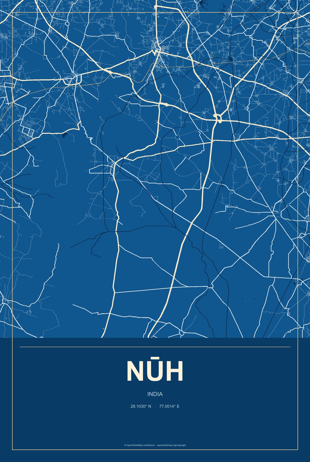 Nūh, India City Map Aluminum Sign in Harbor Cobalt style