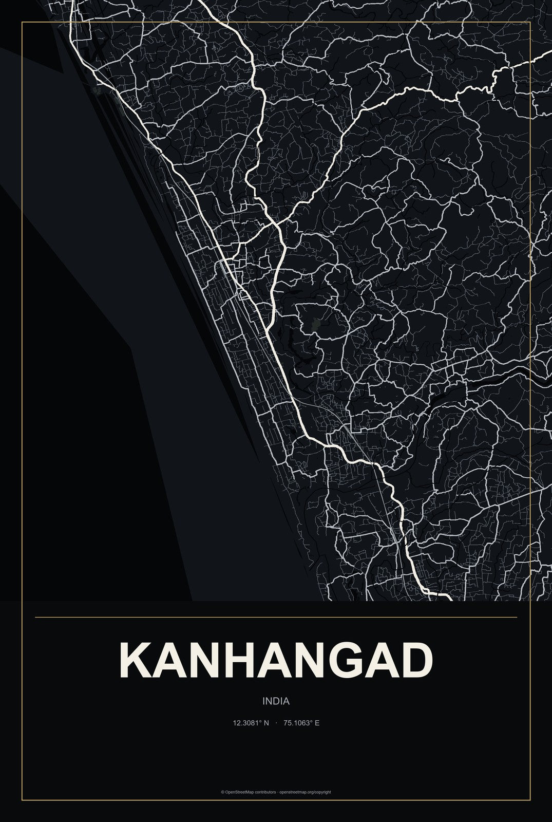 Kanhangad, India City Map Aluminum Sign in Metropolitan Noir style