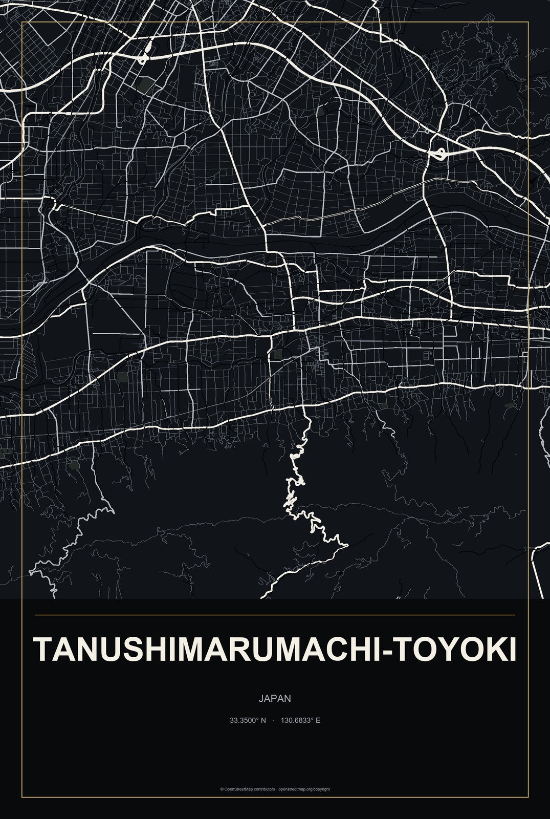 Tanushimarumachi-toyoki, Japan City Map Aluminum Sign in Metropolitan Noir style