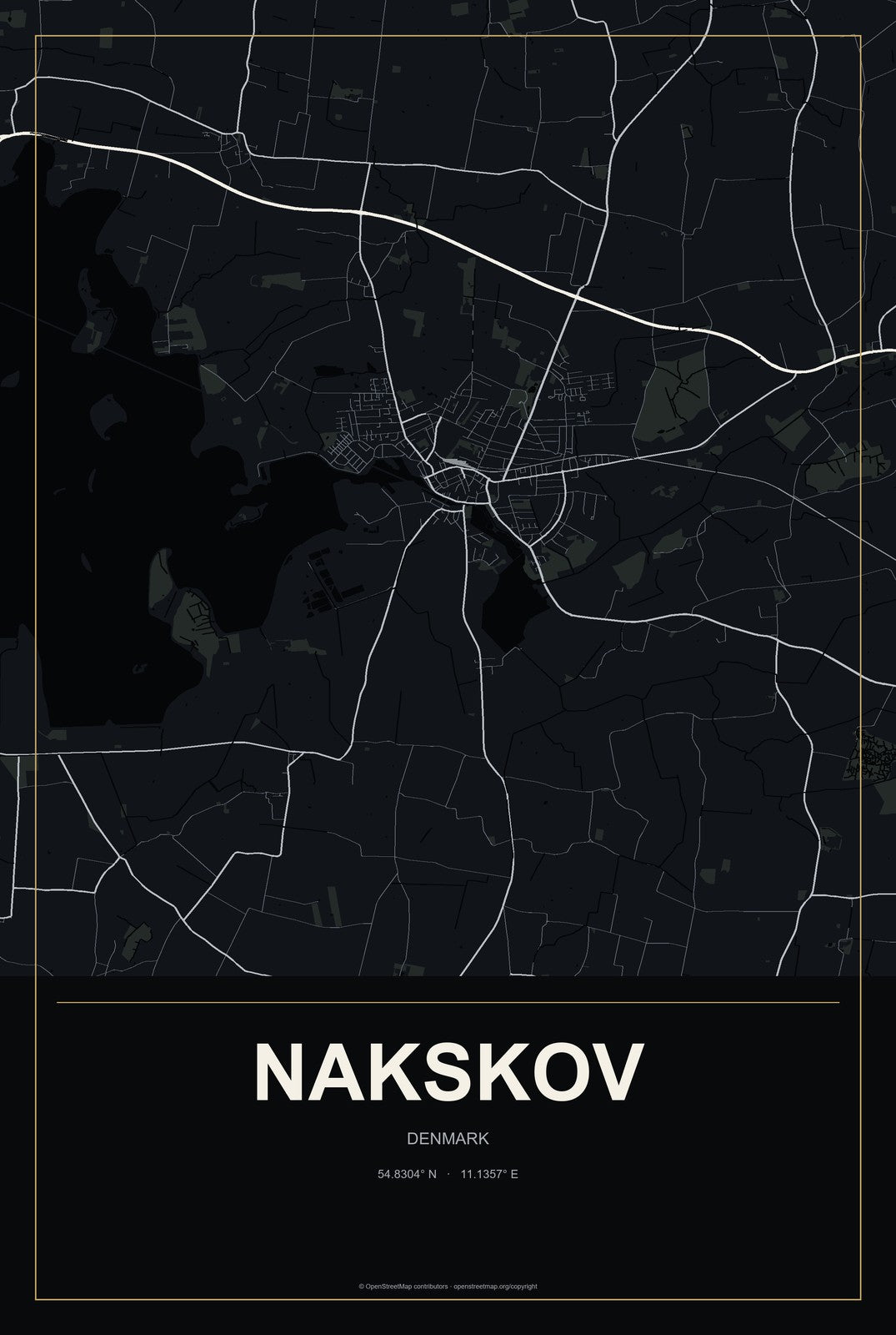Nakskov, Denmark City Map Aluminum Sign in Metropolitan Noir style