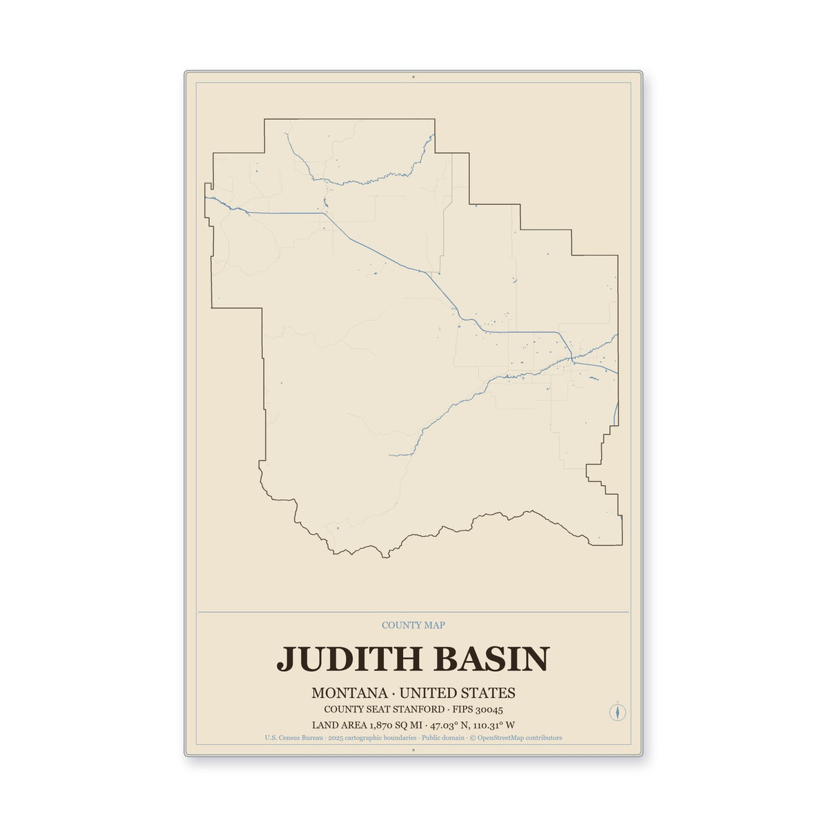 Judith Basin County, Montana Map Aluminum Sign in Heritage Nautical style