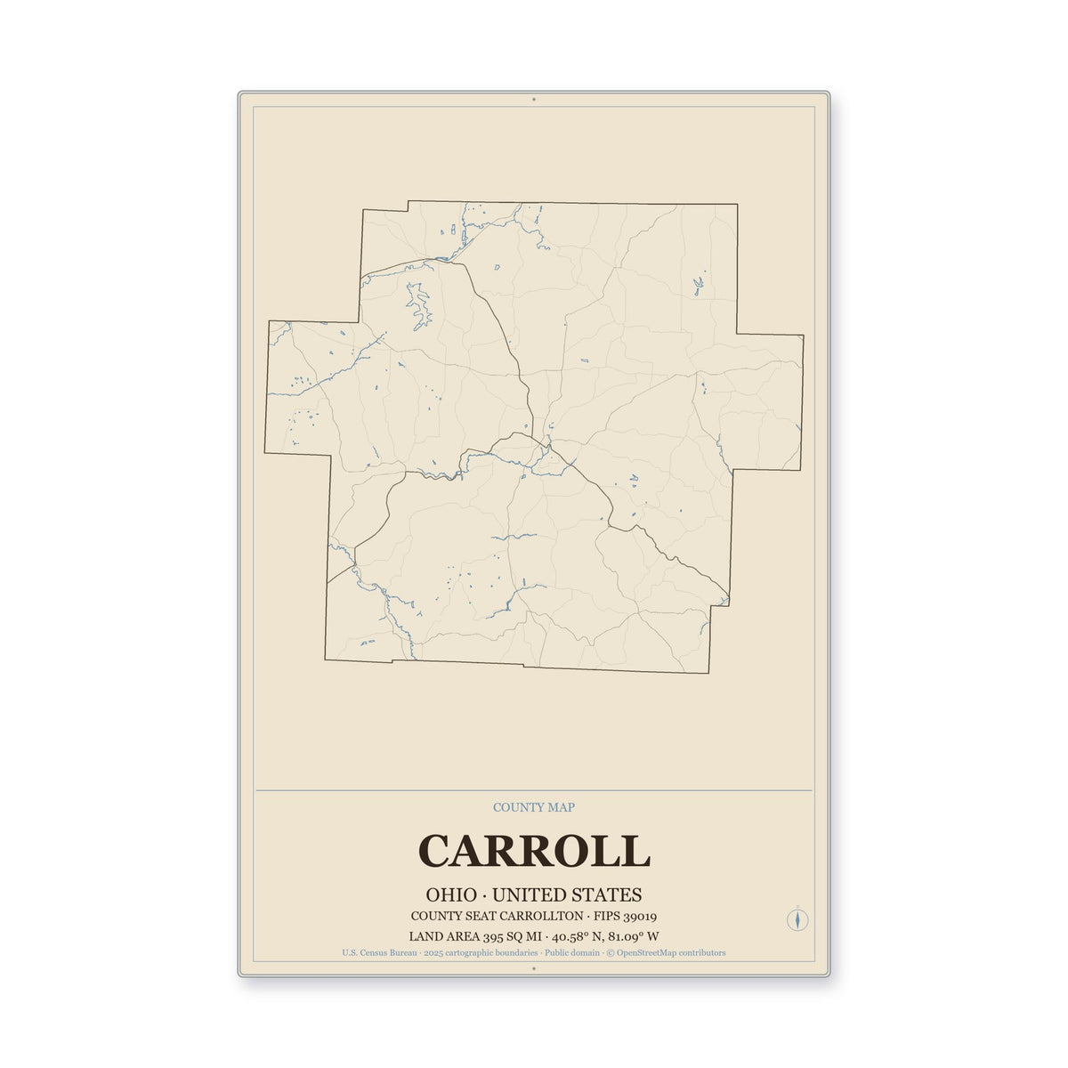 Carroll County, Ohio Map Aluminum Sign in Heritage Nautical style