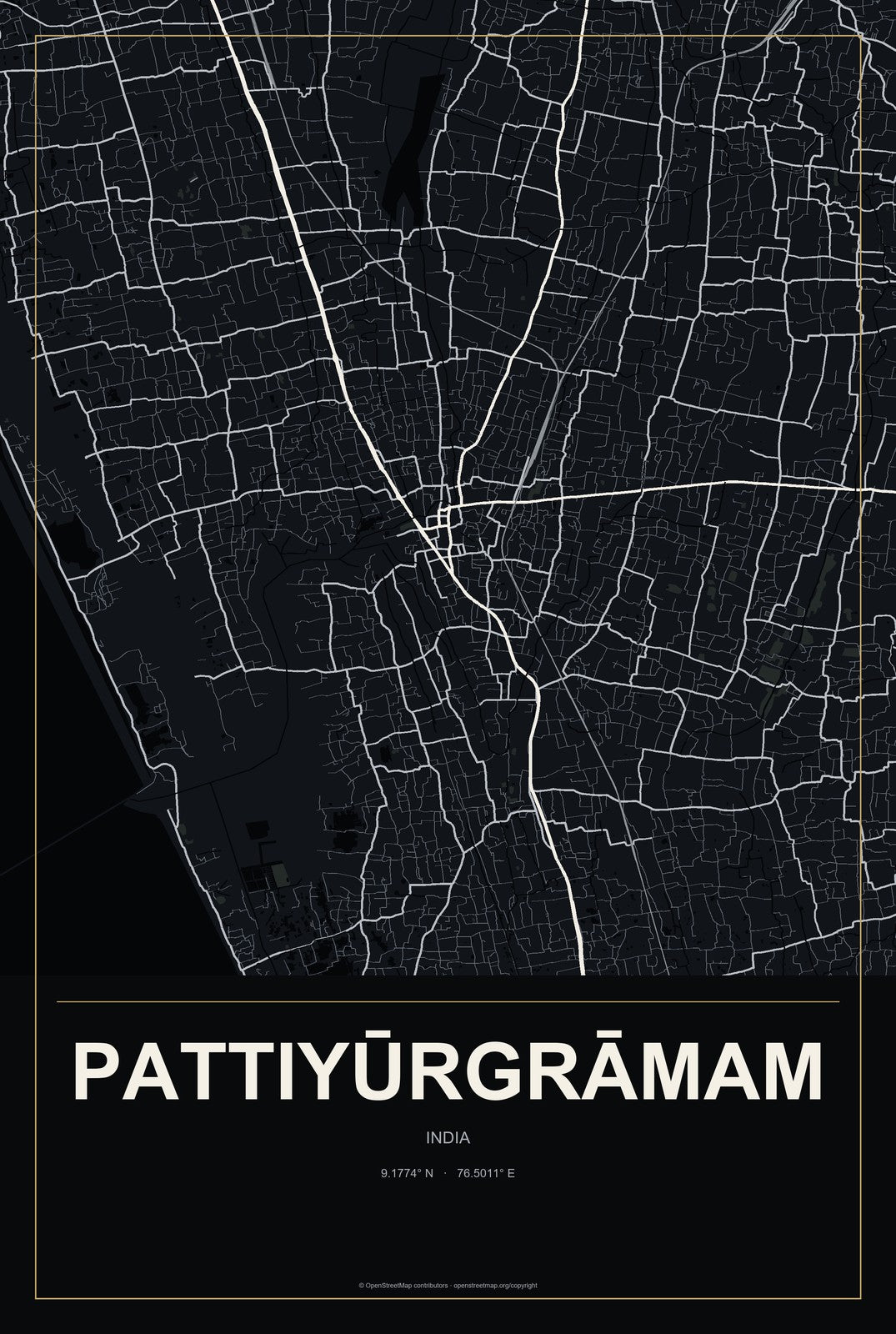 Pattiyūrgrāmam, India City Map Aluminum Sign in Metropolitan Noir style