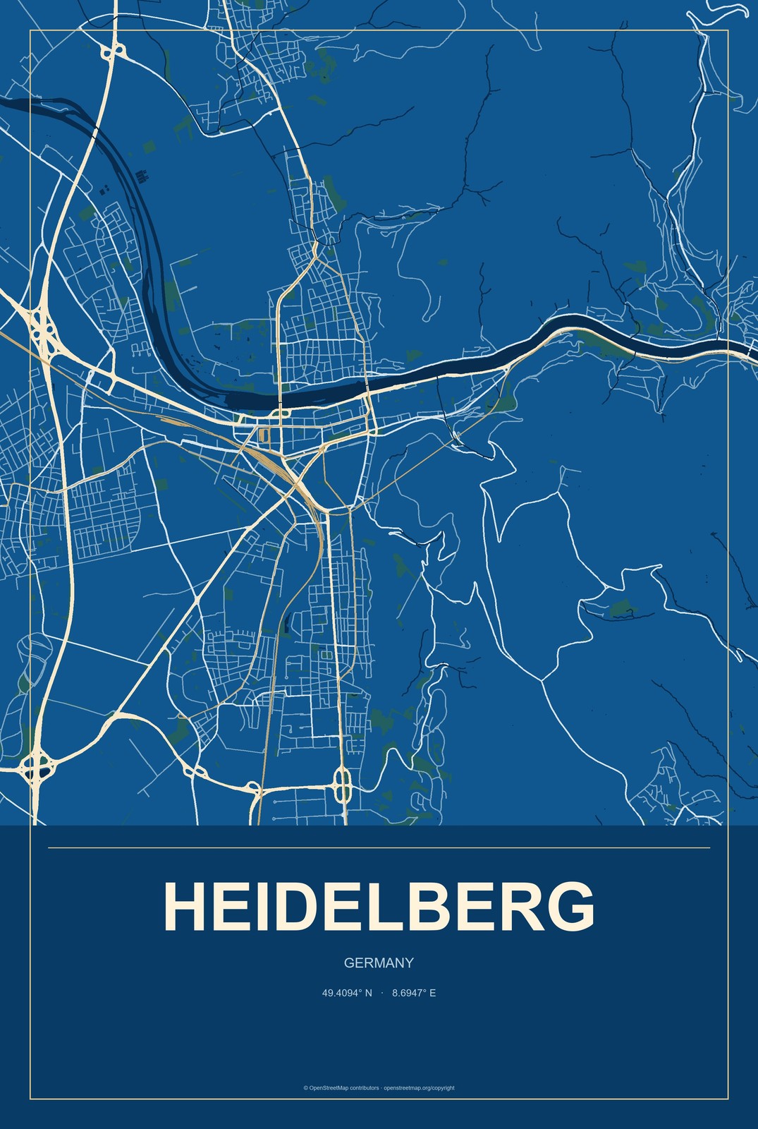 Heidelberg, Germany City Map Aluminum Sign in Harbor Cobalt style