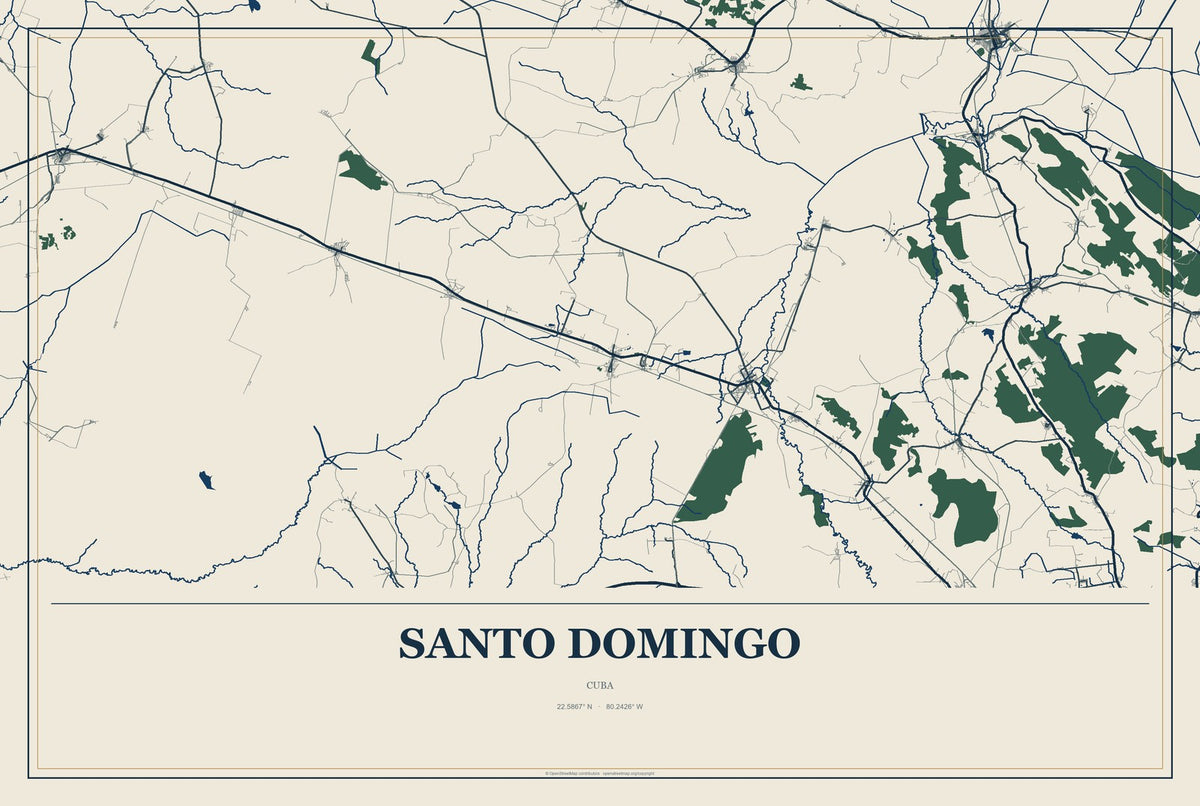 Santo Domingo, Cuba City Map Aluminum Sign in Coastal Cutout style
