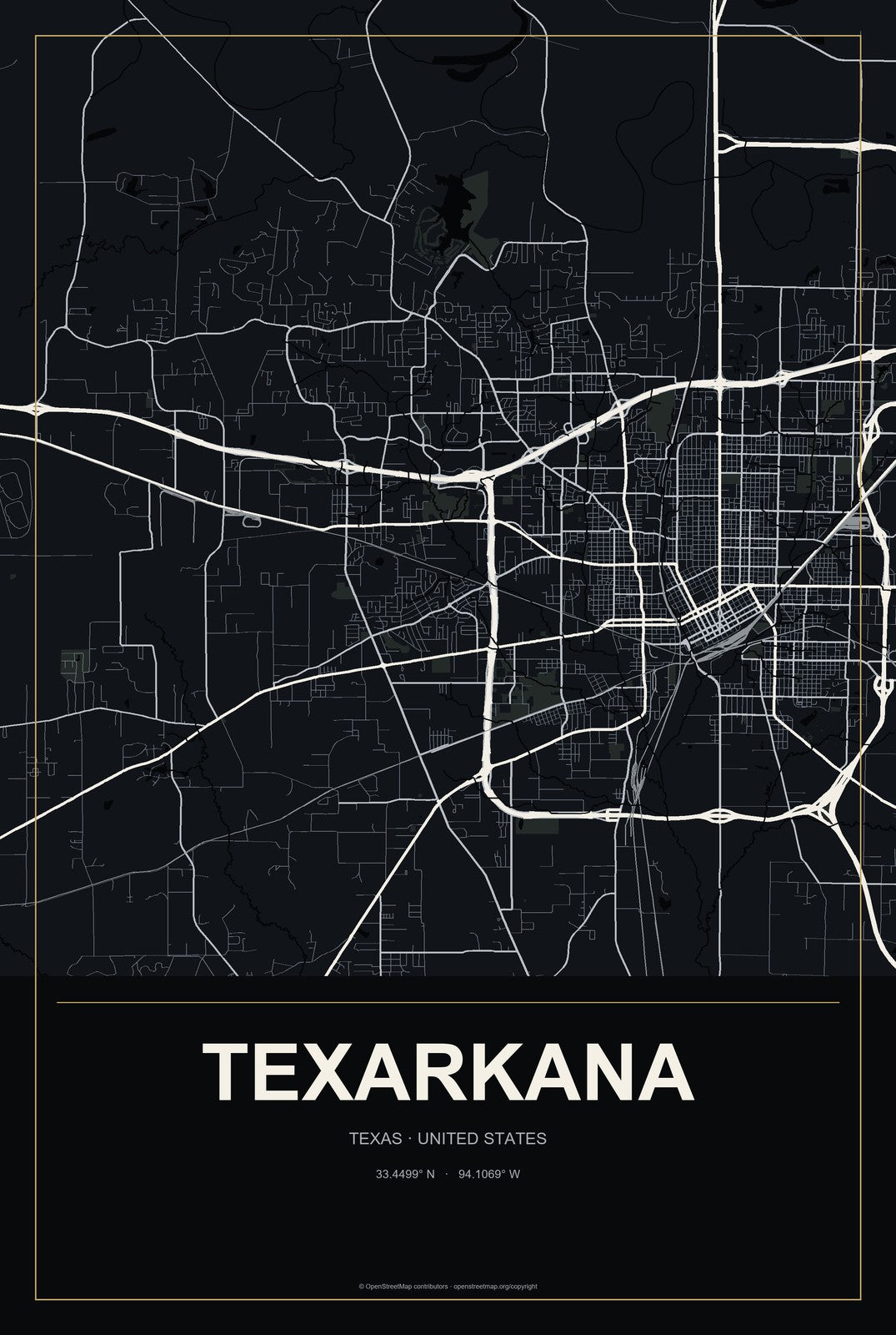 Texarkana, Texas City Map Aluminum Sign in Metropolitan Noir style