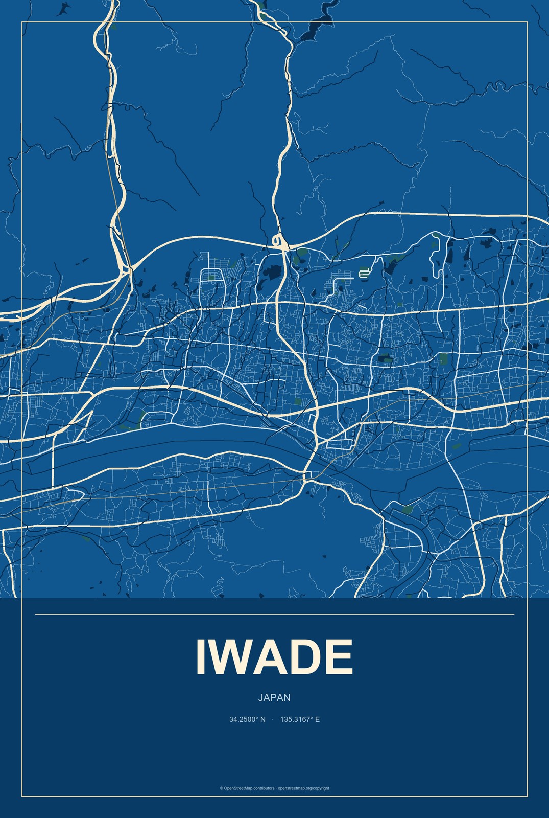 Iwade, Japan City Map Aluminum Sign in Harbor Cobalt style