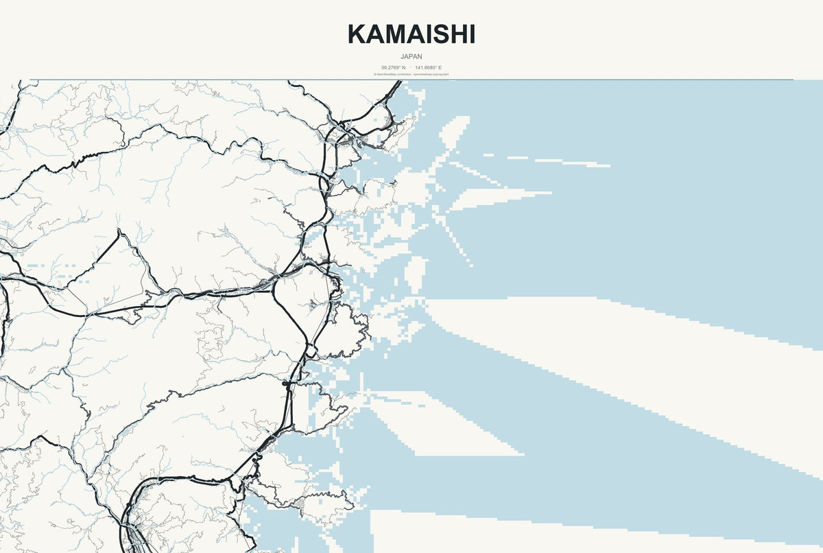 Kamaishi, Japan City Map Aluminum Sign in Headline Atlas style