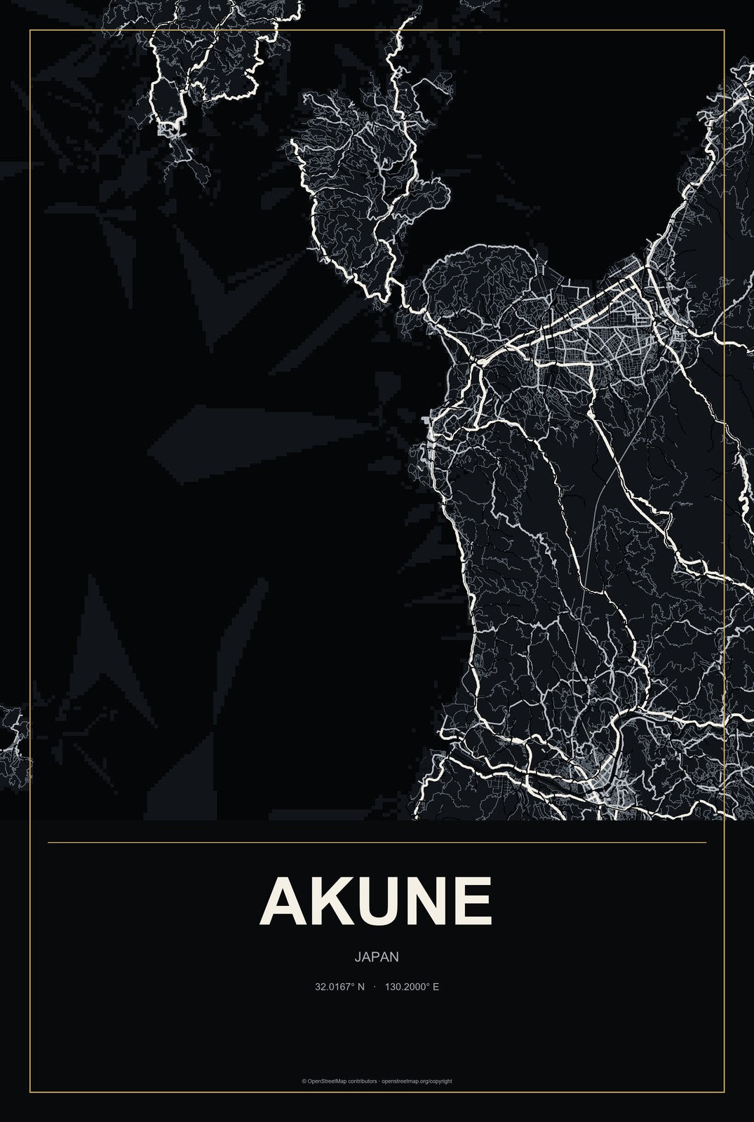 Akune, Japan City Map Aluminum Sign in Metropolitan Noir style