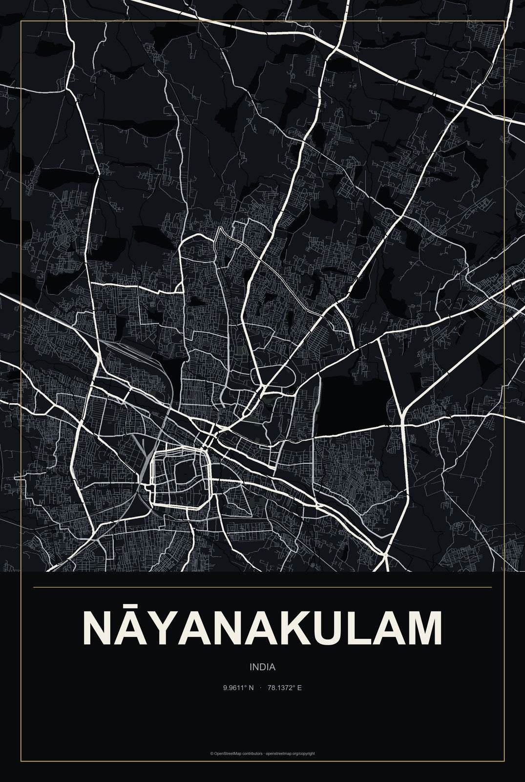Nāyanakulam, India City Map Aluminum Sign in Metropolitan Noir style